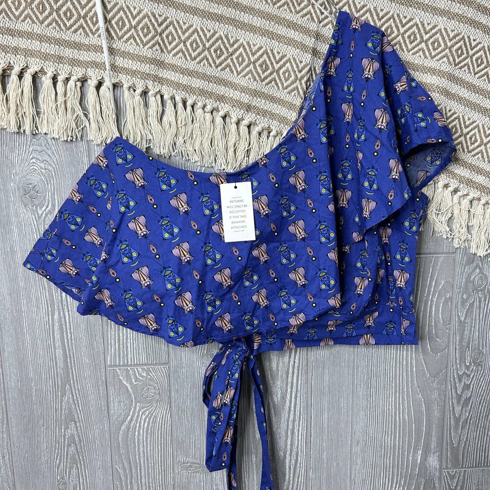 Eloquii Womens Printed Stretch One Shoulder Tie Waist Crop Top Blue Size 18/20